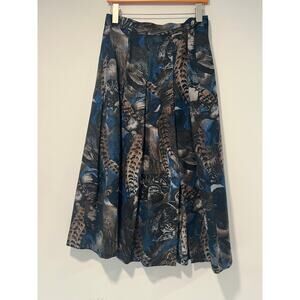 RARE Geiger Pleated Midi Wool Skirt Mallard Duck Blue Brown Print Size 40/10 JL